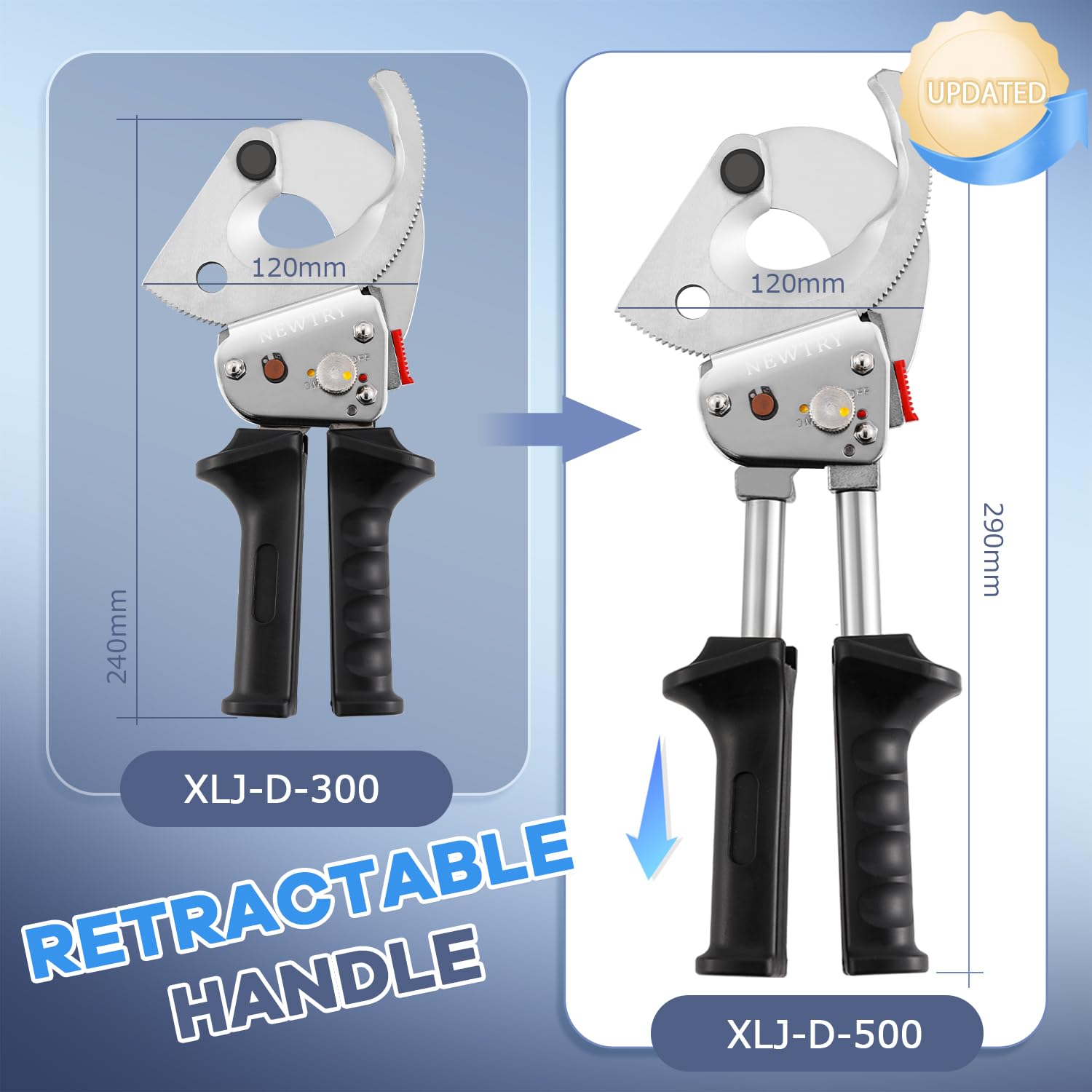 NEWTRY Herramienta Cortacables de Carraca de Alta Resistencia para Cortar Cables de Cobre y Aluminio de hasta 500mm², Acero Inoxidable con Mango Retráctil, XLJ-D-500