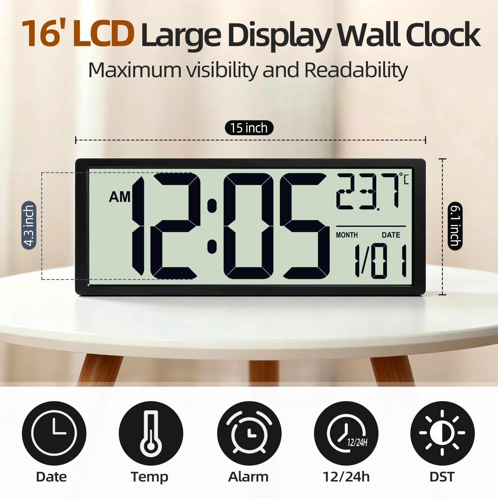 16" Digitale Wanduhr, batteriebetrieben mit großer LCD-Anzeige und großen modernen Ziffern, dekorative Uhr mit Alarm, Datum, Kalender, Temperatur für Senioren, Schlafzimmer, Wohnzimmer, Küche