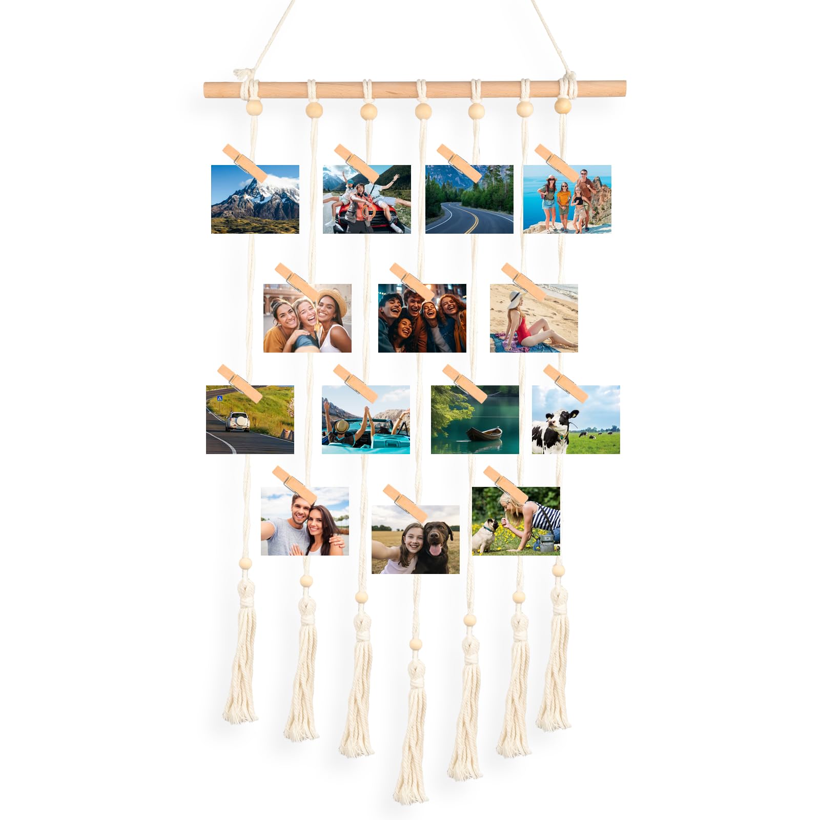 CPENG Fotovorhang, Kreativität Fotoalbum, Bilderrahmen Collage mit 30 Holzklammern und 2 Nägeln, Fotowand mit Gewebtem Fransenbaumwollseil und Holzstange, Home Dekoration Fotoseil, Fotoaufhänger
