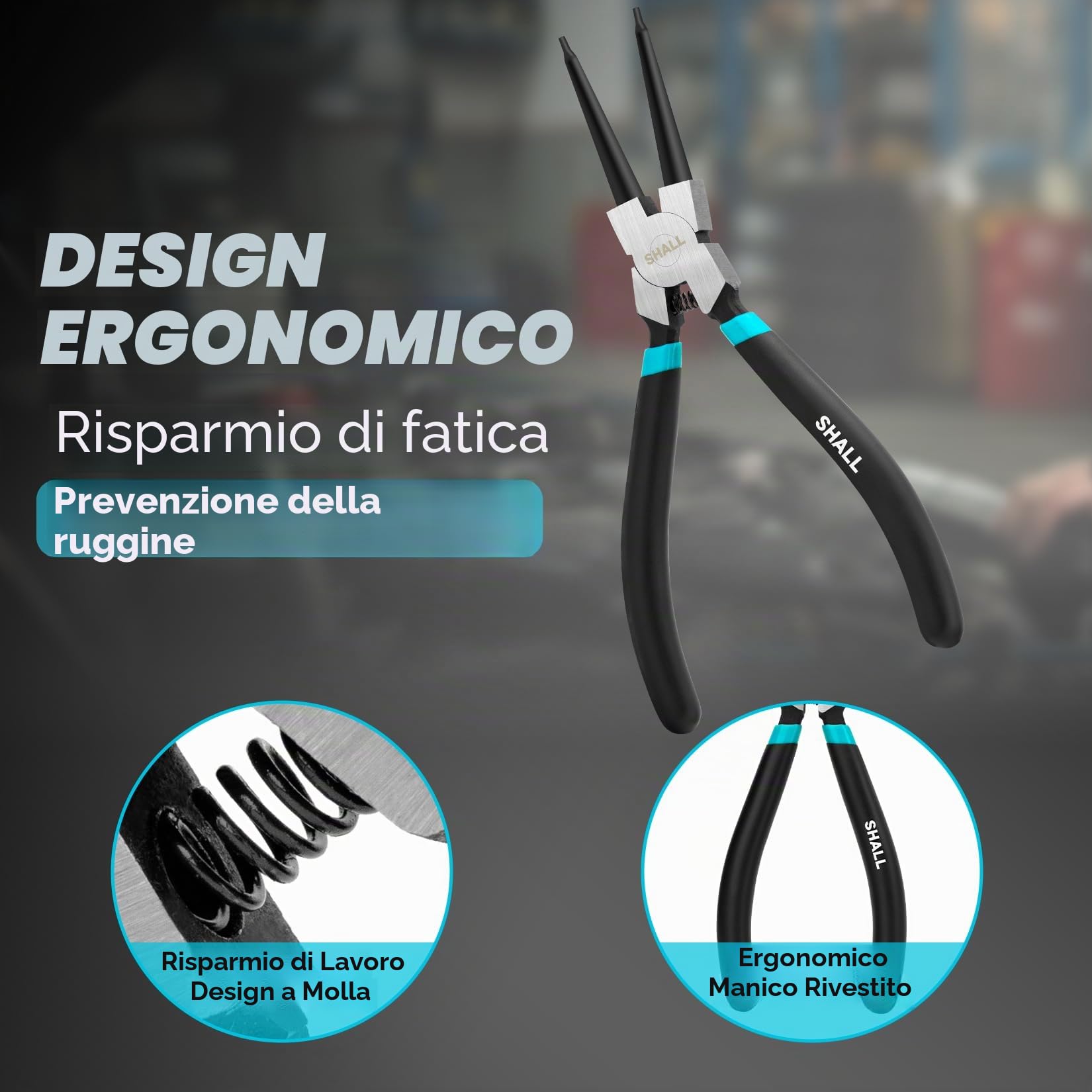 SHALL Pinze per anelli elastici, 4 pezzi da 7 pollici - Pinze per anelli elastici interni ed esterni dritti/piegati (punte a 90°), manici antiscivolo