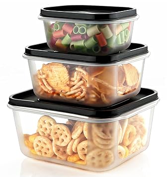 Auxiq Food Storage Boxes set of 3 Pasta & Snacks Fridge Storage Boxes, Kitchen Storage Containers, Plastic Bowl for Food, Airtight Lid for Kitchen (Black)(700ml,1400ml,2400ml)