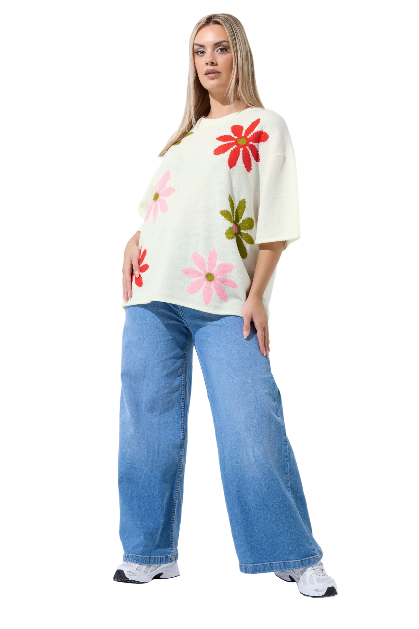 Yours Women's White Limited Collection Curve Floral Knitted Boxy Top - Plus Size Curve