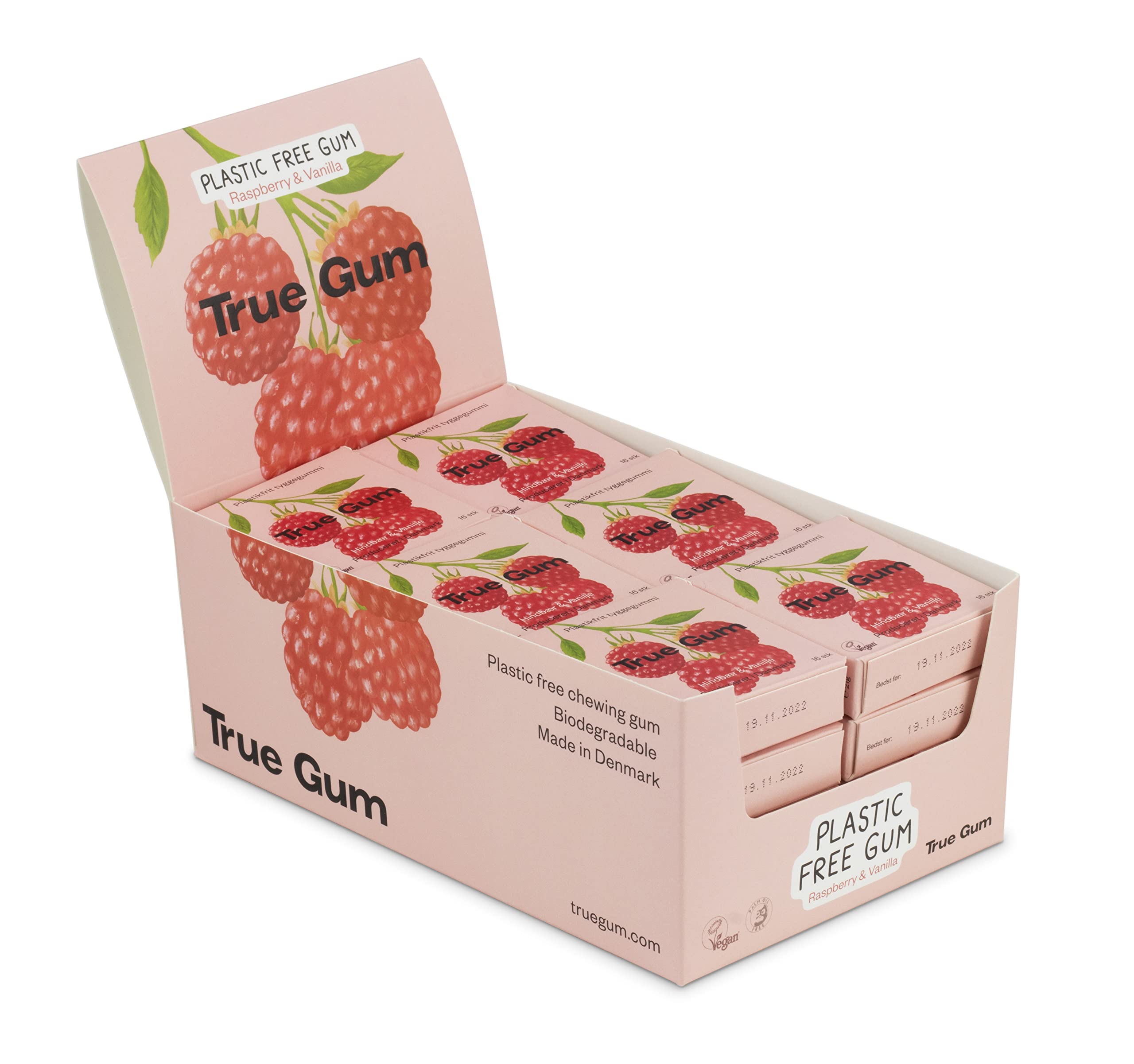 True Gum 24er Display: HIMBEERE & VANILLE | Plastikfreier Kaugummi | Biologisch Abbaubar | Vegan | 24 x 21 g, 504 g