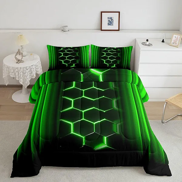 Abstract Ombre Comforter Set King Size Honeycomb Bedding Set Decor Green and Black Geometric Comforter Room Decor Modern Fashion Quilt Set 3Pcs with 2 Pillowcases