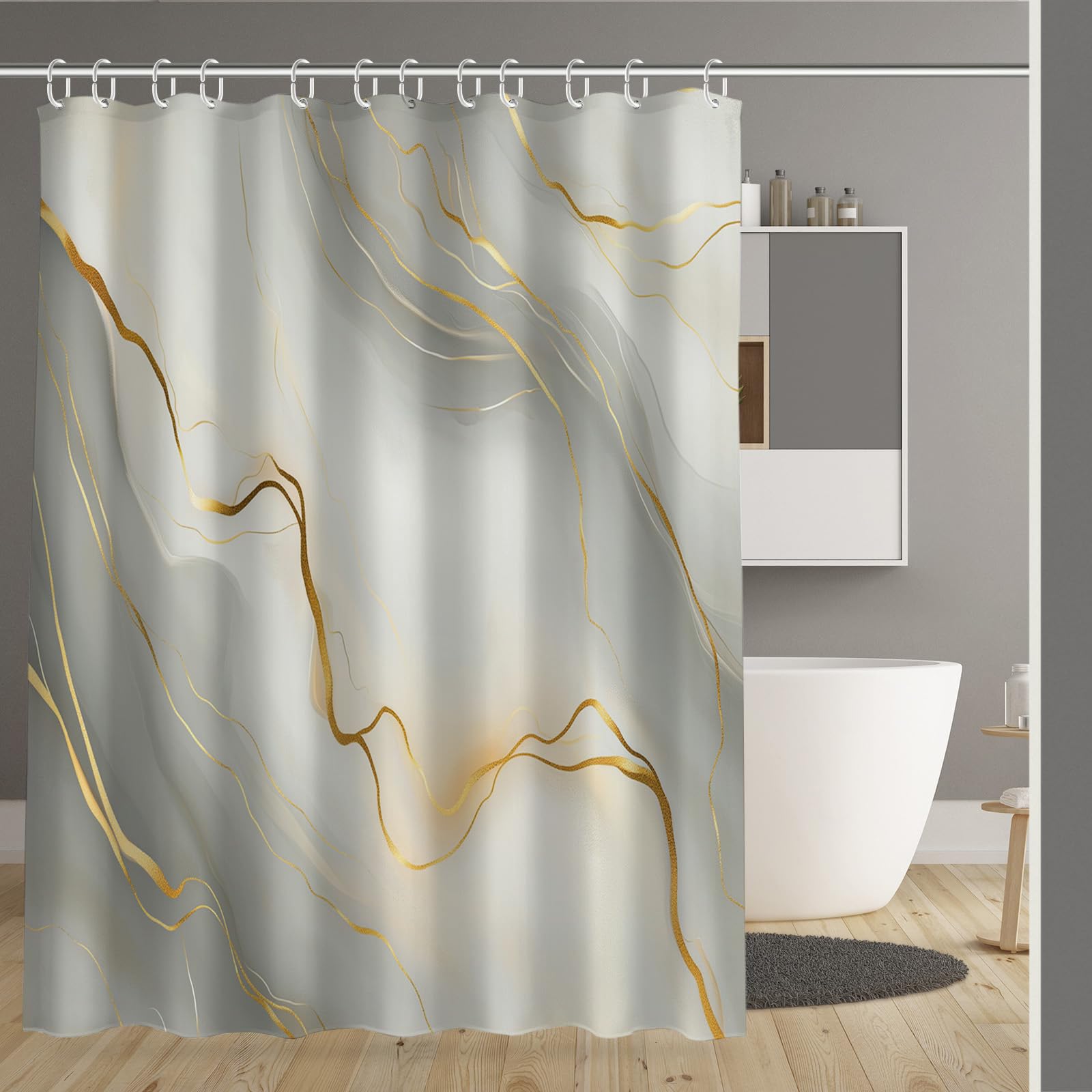 Rideau de douche lignes feuille d'or 180x200cm en polyester lavable pour baignoire avec crochets