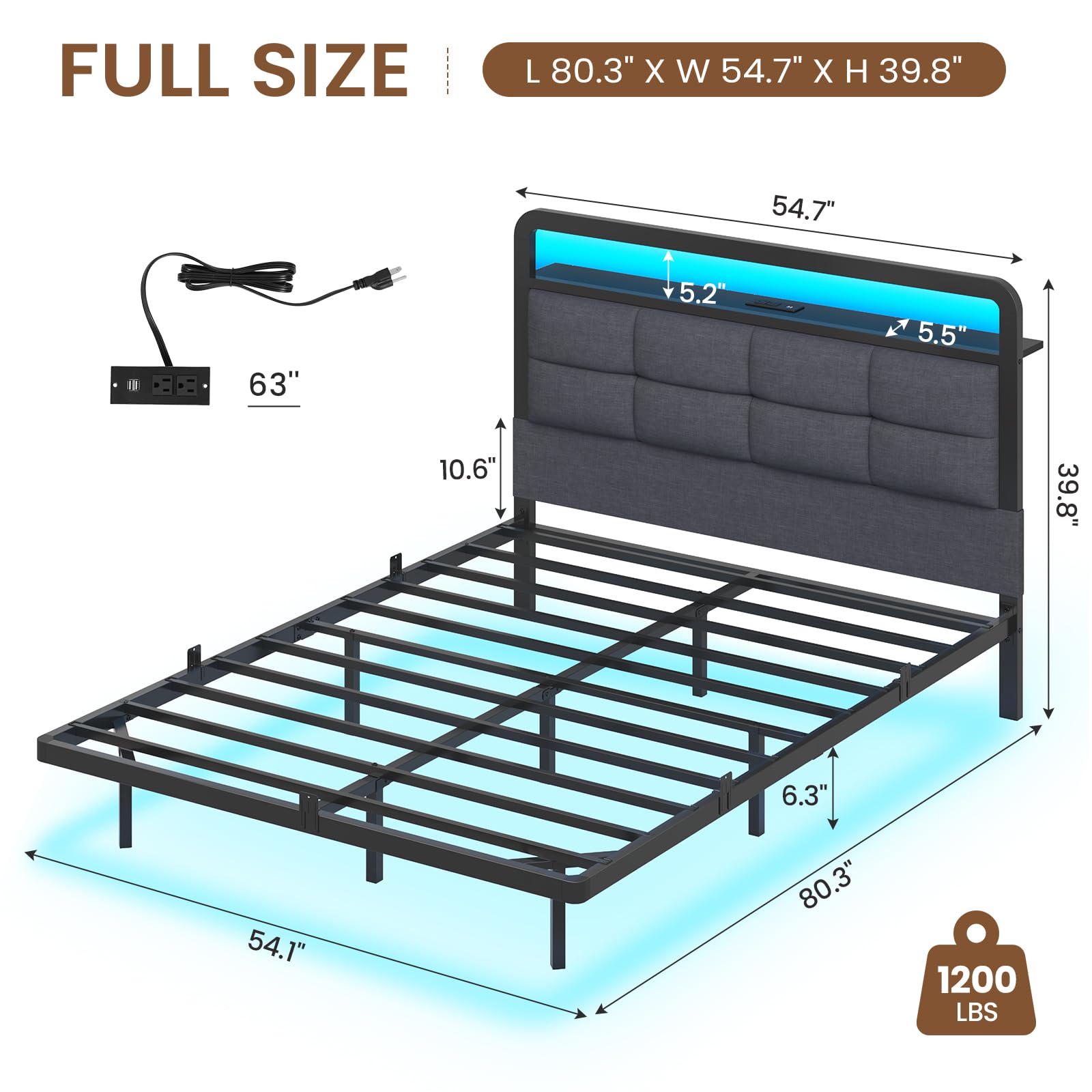 Brinlawb Full Floating Bed Frame with Charging Station and LED Lights, Upholstered Headboard with Storage, Full Size Metal Bed Frame with Heavy Duty Steel Slats, No Box Spring Needed, Easy Assembly: Black & Grey Full