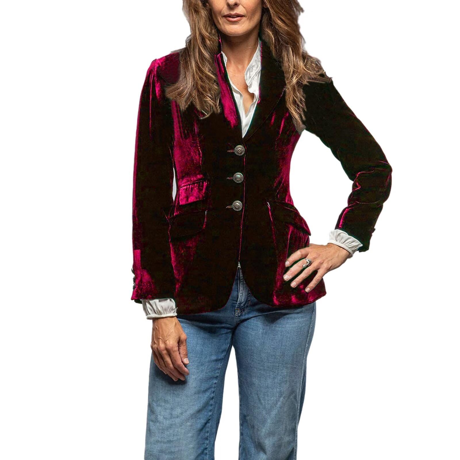 Women Vintage Velvet Blazer Jacket Lapel Work Office Suit Slim Fit Slit Blazer Long Sleeve Dressy Coat with