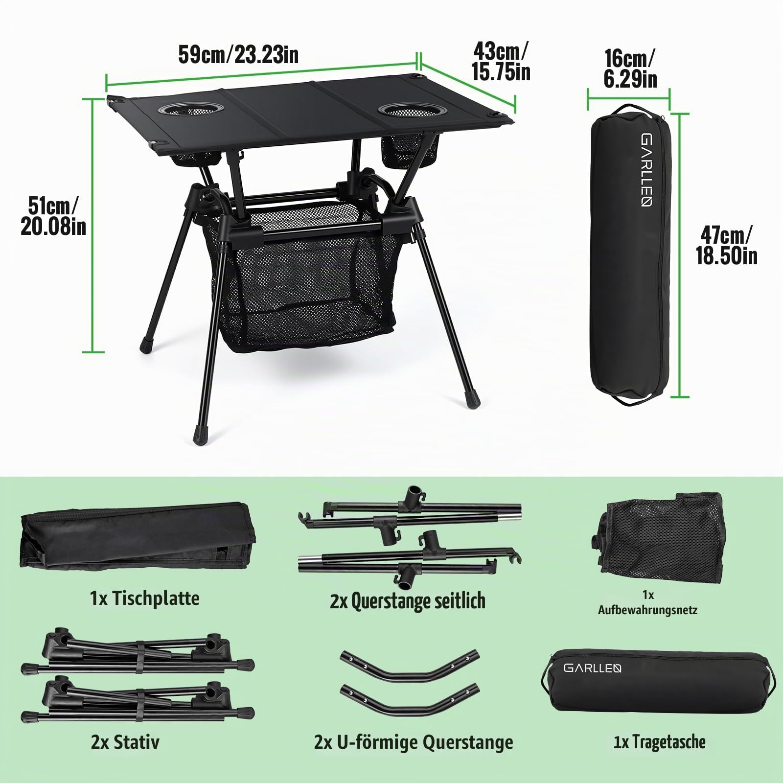 GARLLEN Campingtisch klappbar, 60x43x51cm Camping Tisch Klapptisch mit Getränkehalter, Netztasche & Tragetasche, Ultraleicht Gartentisch Picknicktisch Kleiner Tisch Outdoor für Strand Angeln Wandern