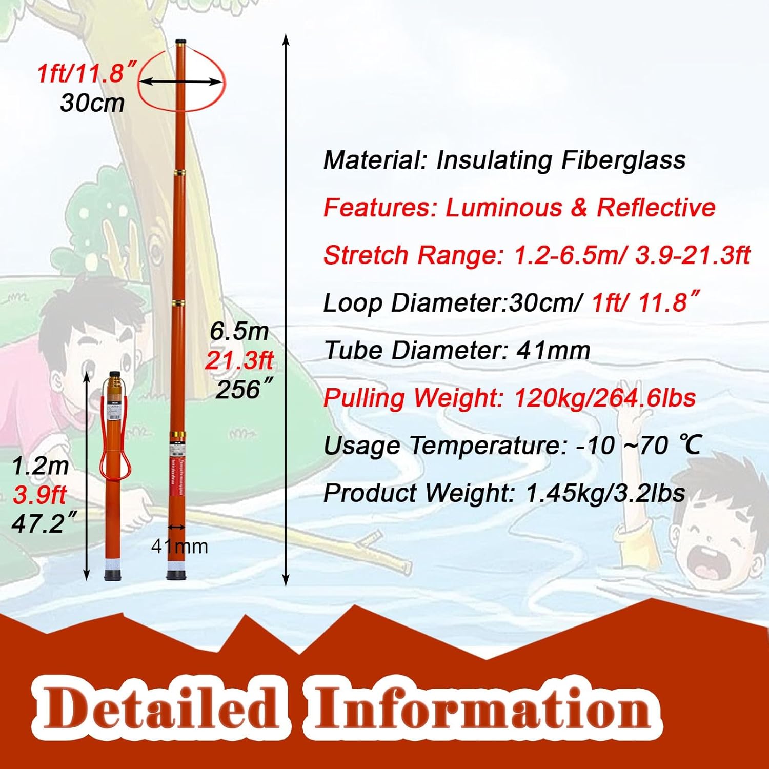 Pool Rescue Pole Emergency with Luminous & Reflective, 14 18 21 32 Feet Telescopic Professional Marine Salvage Rods, High Visibility Pool Life Saving Hook (Size : 6.5m(21.3ft/256inch))