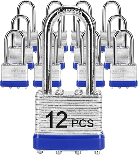 Miniatura 8 de LQYN Candado laminado con llave (1-916 pulgadas, 1.575 in), cerraduras iguales con llave, aro azul, grillete largo, paquete de 2, cerradura para