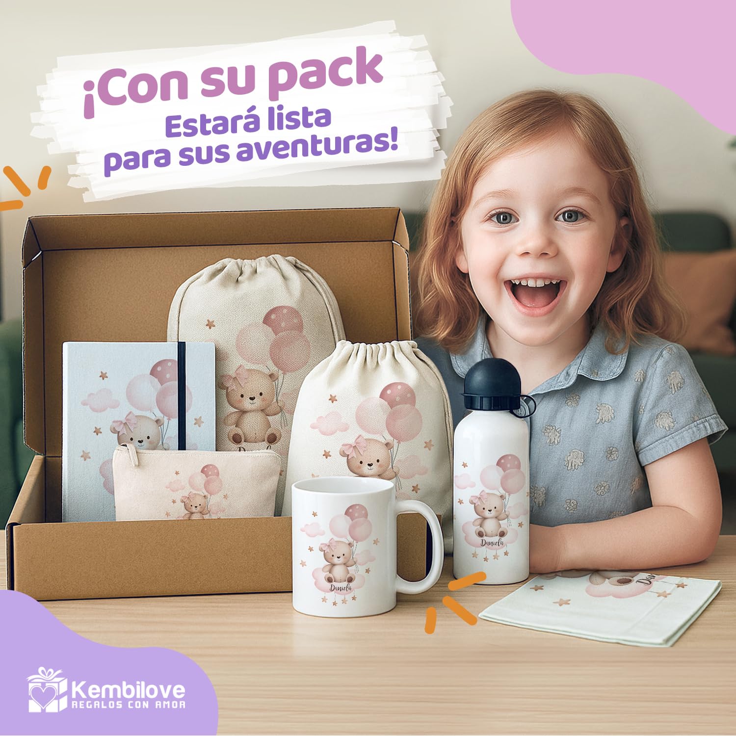 Kembilove Pack vuelta al cole personalizado con nombre niña/Osita con globos/Mochila + botella + taza + libreta + neceser/Regalo escolar guardería infantil/Set Colegio o Escuela