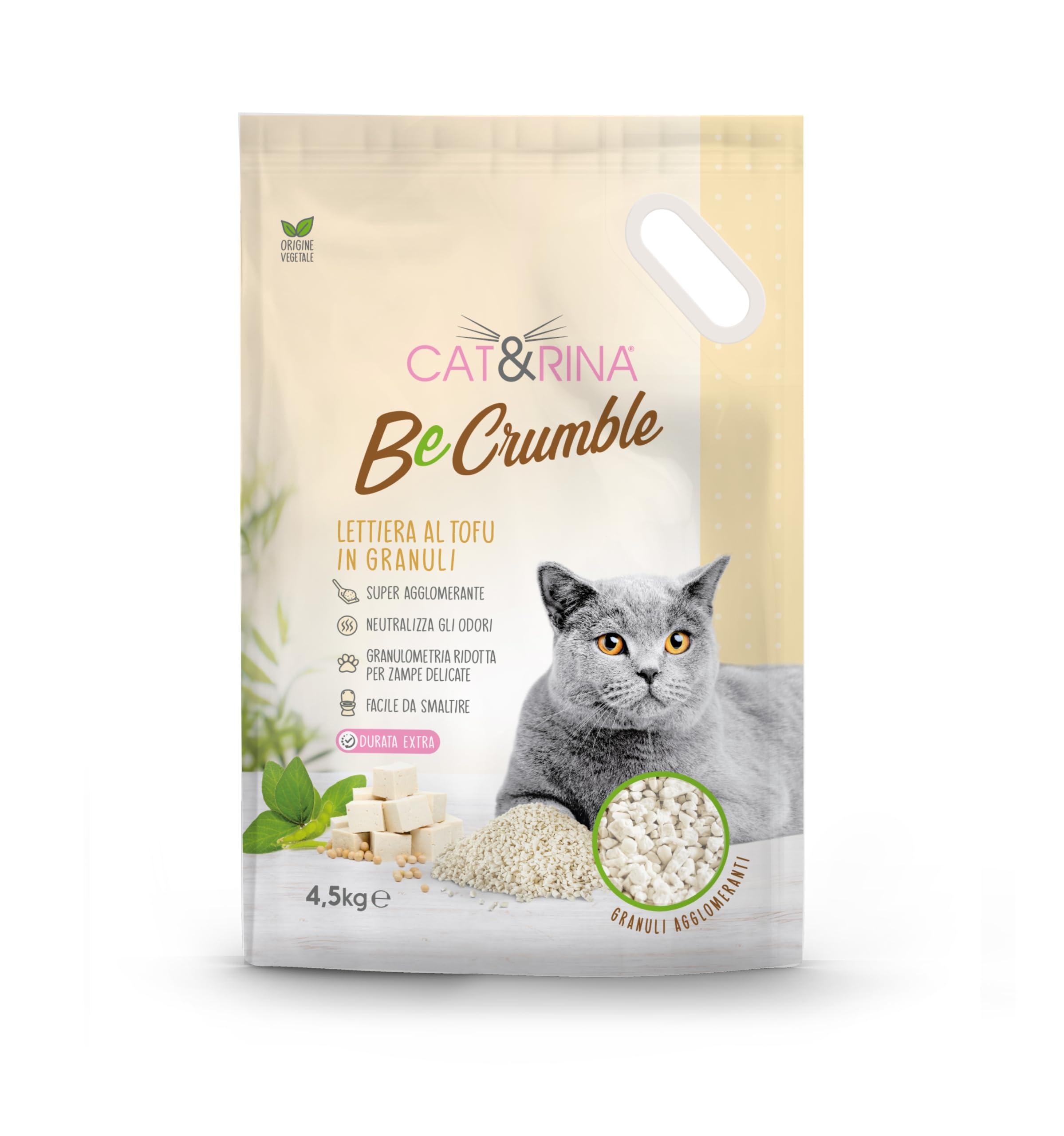 Cat&Rina BeCrumble, Lettiera in granuli per Gatti al Tofu 4,5kg, 2 Pezzi | Agglomerante, Vegetale, Smaltibile nell'organico o nel wc, Anti odore