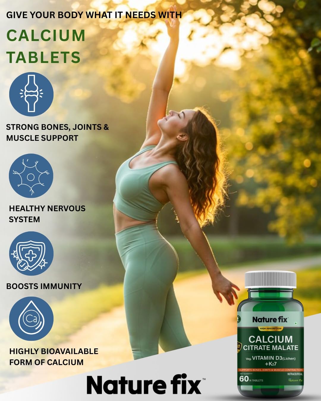 Nature Fix Calcium Citrate Malate with Veg. Vitamin D3 (Lichen) + K27 – Supports Bones, Joints & Muscle Contraction – 60 Tablets 4