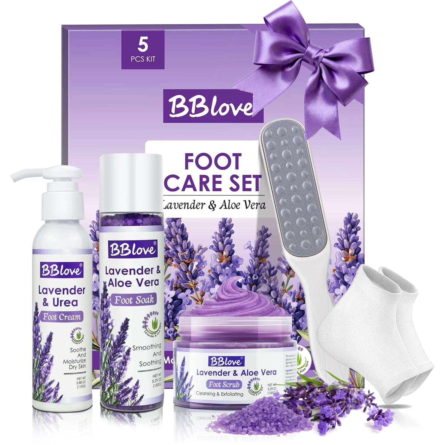 Lavender Foot Soak Set – Foot Spa Kit for Women, Pedicure Kit at Home with Salt, Scrub, Foot File & Moisturizing Gel Socks – Spa Gift Set for Dry, Cracked Feet