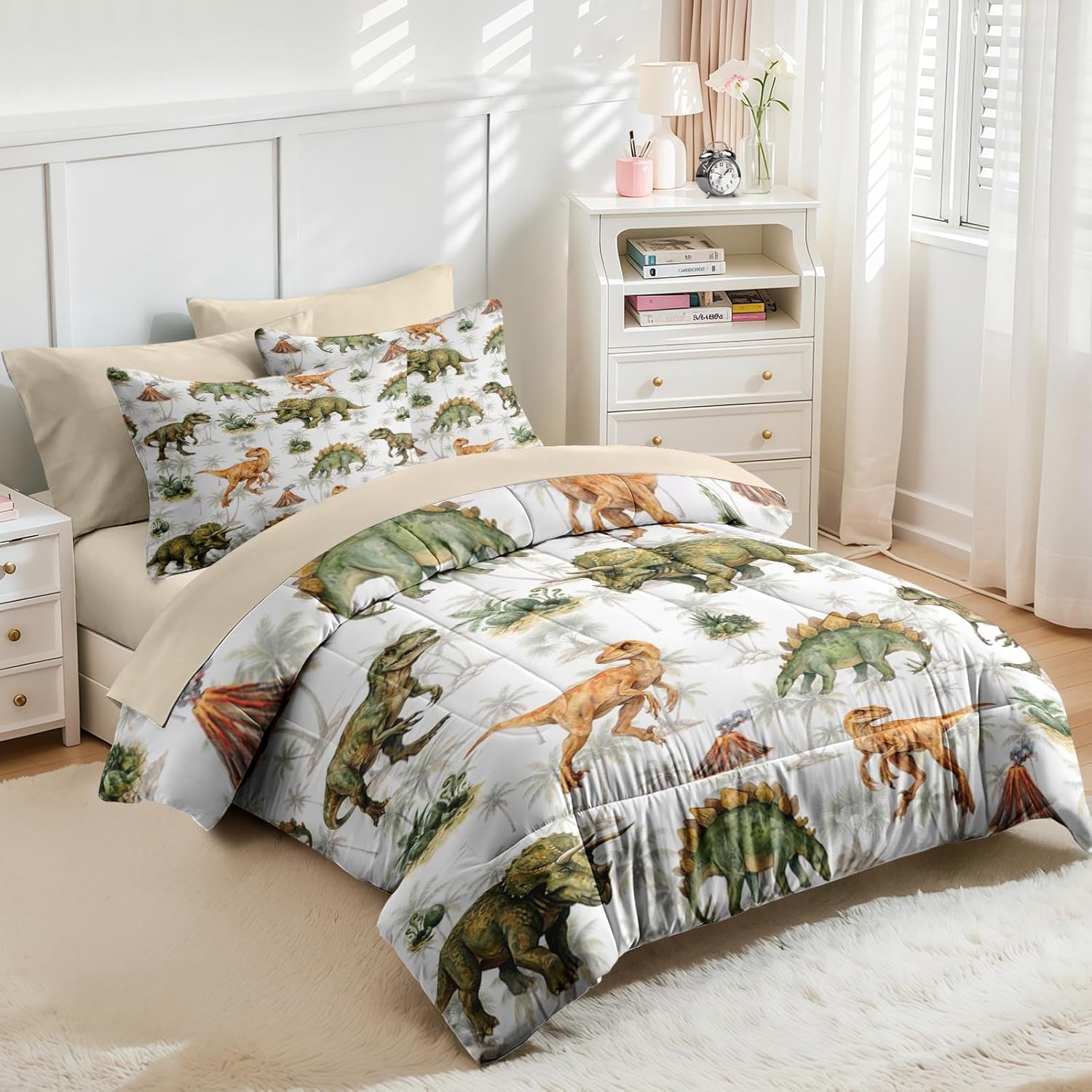 Nesker Comforter Set Twin Size,Dinosaur Palm Tree5 Pcs Bedding for Kids and Adults,Green Dino Palm Leaf Bed Sheet Sets with Fitted Sheet Pillowcase & Sham - Image 2