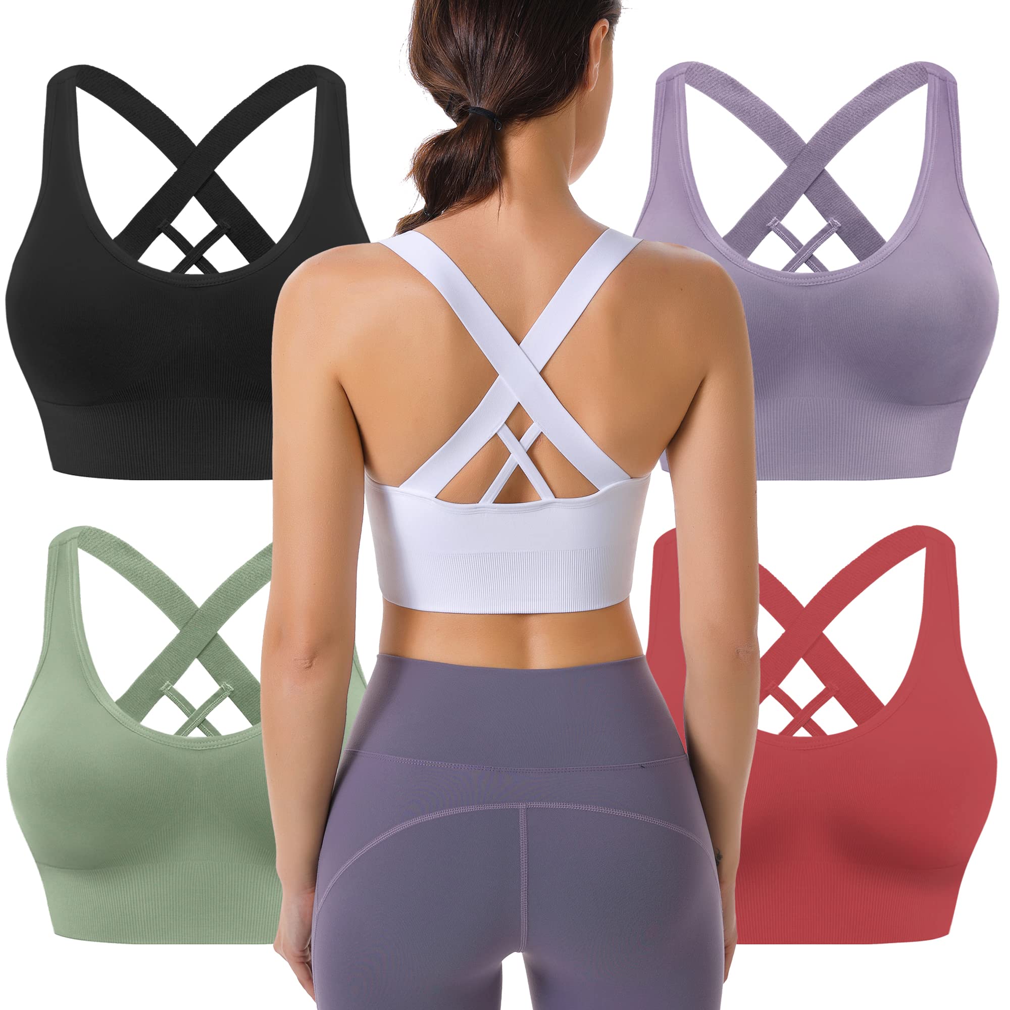 Evercute Sports Bra for Women Padded Medium Support Criss Cross Strappy Bras Seamless High Impact Yoga Exercise Athletic Bras