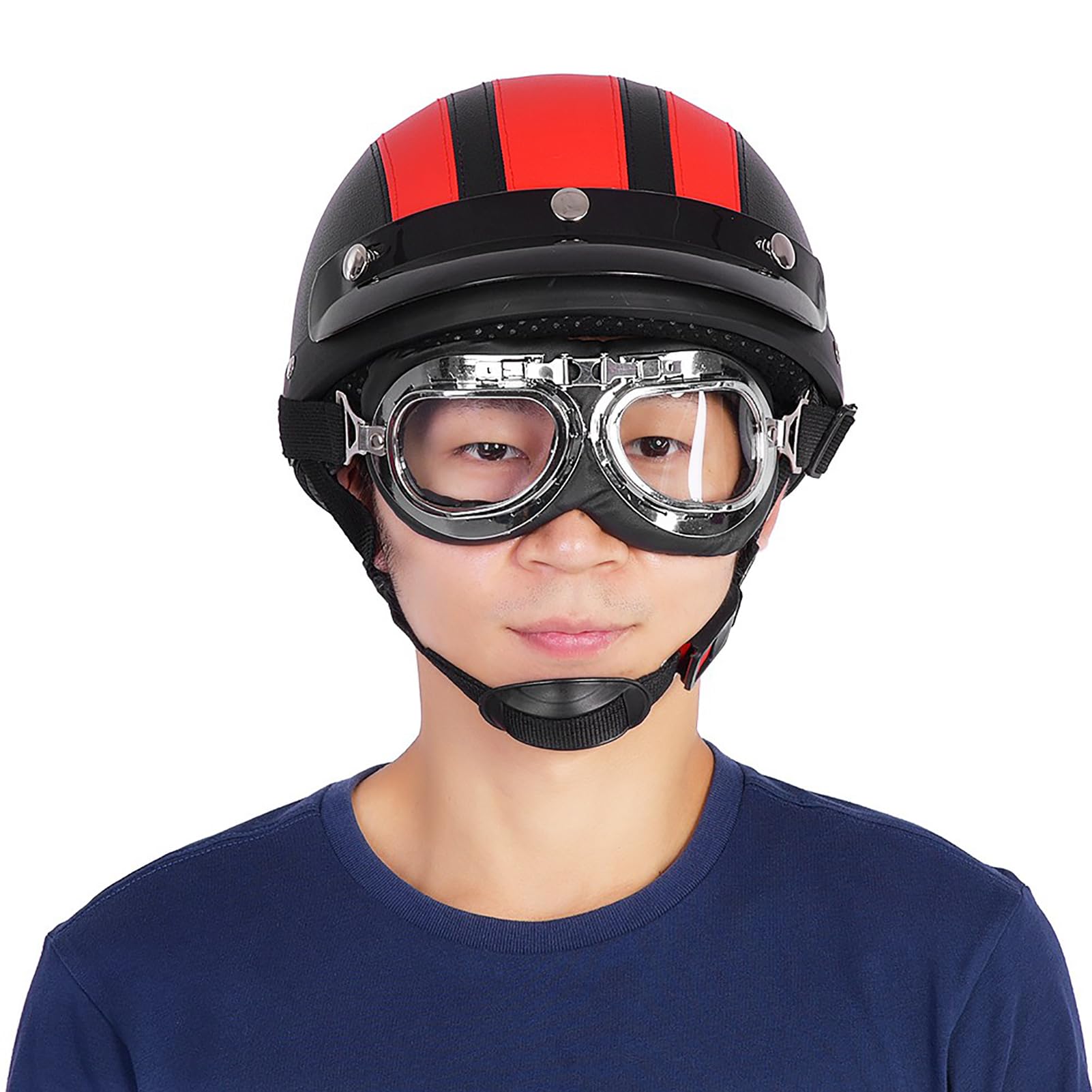 Zerone Casco da moto aperto con visiera e occhiali UV in pelle sintetica per scooter e cruiser