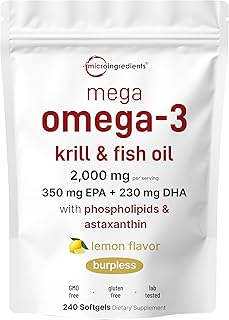 Mega Omega-3 Krill & Fish Oil 2,000mg Equivalent, 240 Softgels | Lemon Flavored | Burpless | Essential Fatty Acids & Astaxanthin | EPA 350mg + DHA 230mg | Heart & Brain Supplement