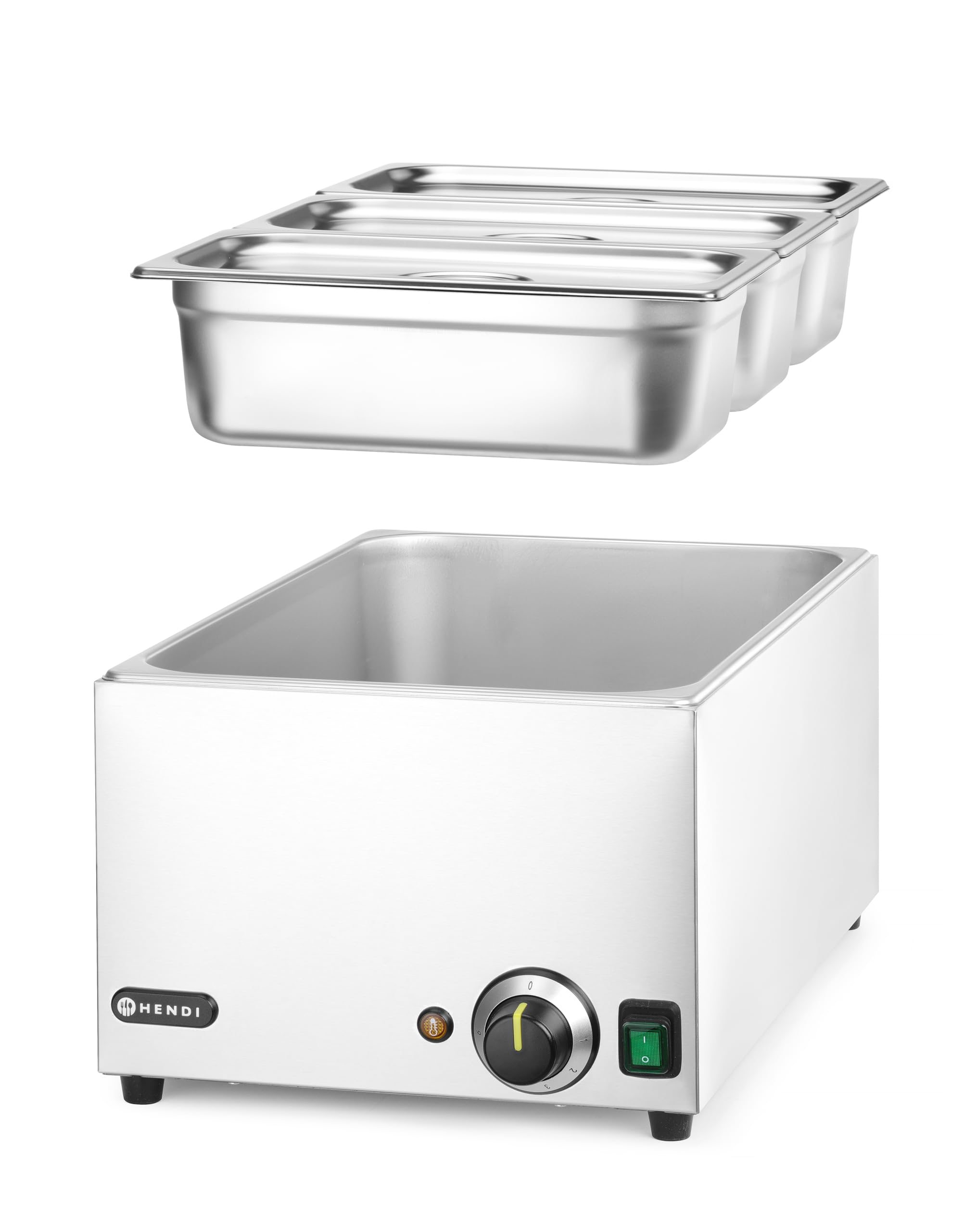 HENDI Bagnomaria elettrico, scaldavivande per buffet, temperatura regolabile 30°C a 85°C, incl. 3 x GN1/3 con coperchio, 19L, 230V, 1000W, 590x332x(H)242mm, acciaio inox