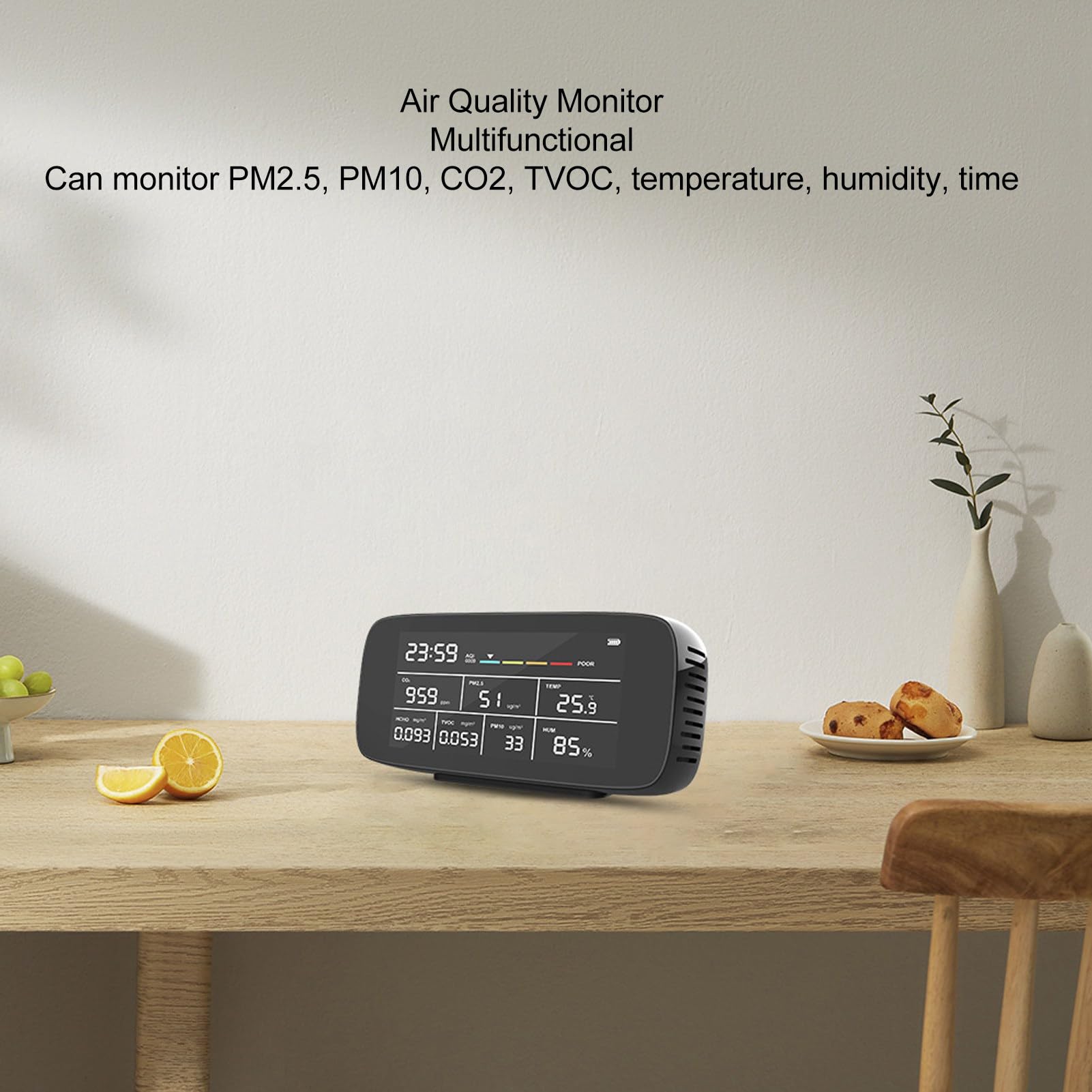 Monitor Jakości Powietrza PM2,5, PM10, CO2, TVOC, Wyświetlacz Czasu Tester Powietrza w Pomieszczeniu z Ekranem LCD do Domu, Biura, Samochodu