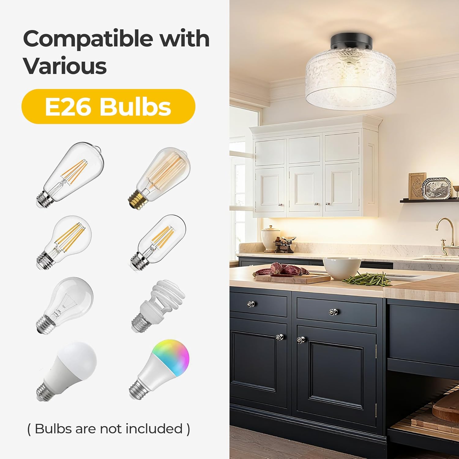 Semi Flush Mount Ceiling Light Black, Upgraded Larger Vintage Glass Pendant Lamp Shade, Modern Farmhouse Light Fixture for Hallway Corridor Kitchen Entryway Bedroom, Bulb Not Included