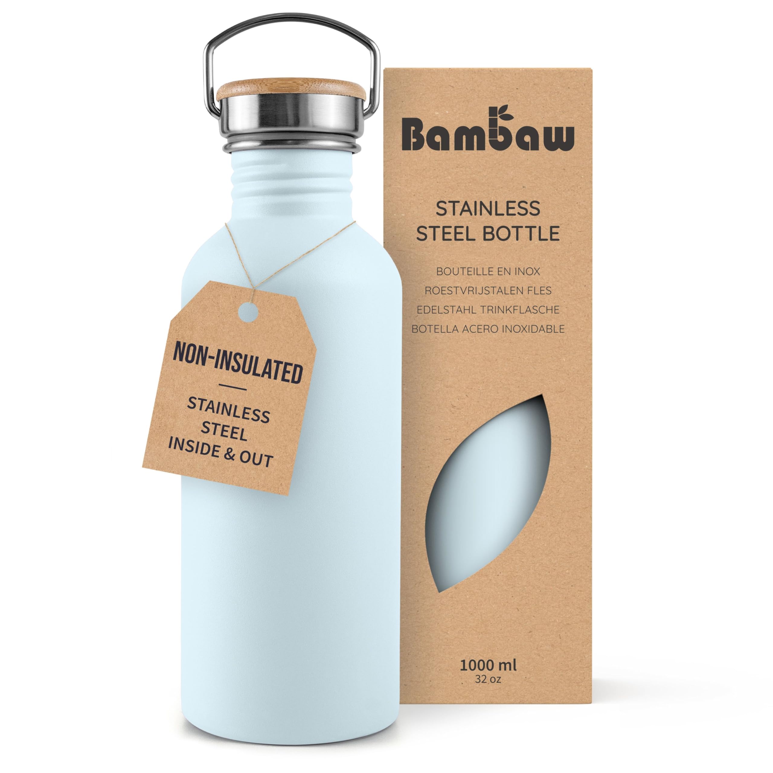 Bambaw Ice Blue Stainless Steel Water Bottle - 1L, Light Blue, Non-Insulated, Leakproof & Reusable