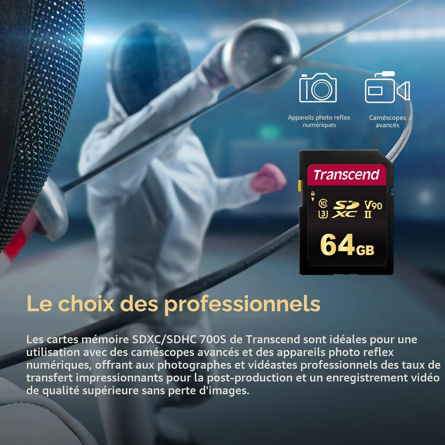 Transcend SDC700S Carte mémoire SDXC 64GB UHS-II, C10, U3, V90, 8K, Ultra HD, jusqu'à 285/180 MB/s, Conçue pour Appareils Photo et Caméscopes Avancés - TS64GSDC700S