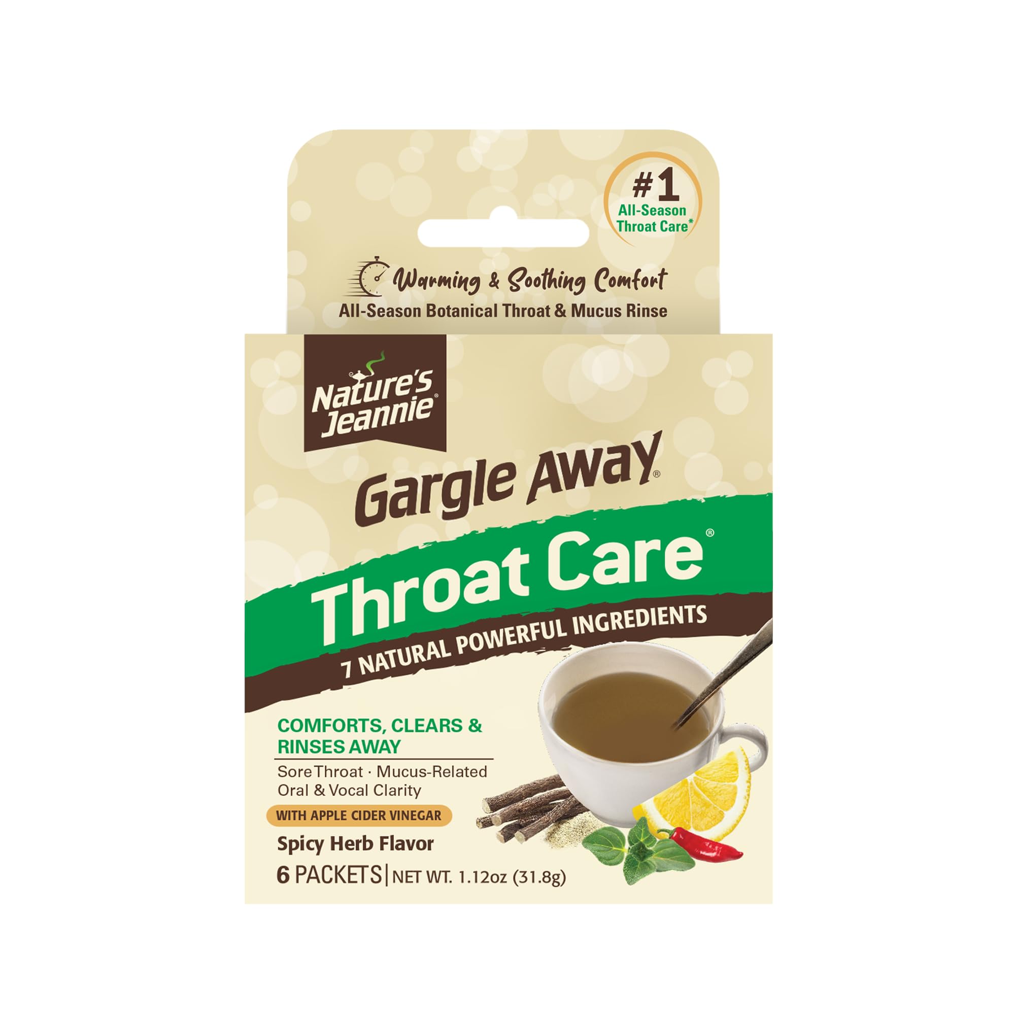 Nature’s Jeannie All-Natural Throat Care – Soothing Botanical Rinse for Sore Throat, Mucus-Related, Oral, Vocal Clarity - Seasonal & Daily Wellness (6 Packets, Warming Spicy Herb Flavor)