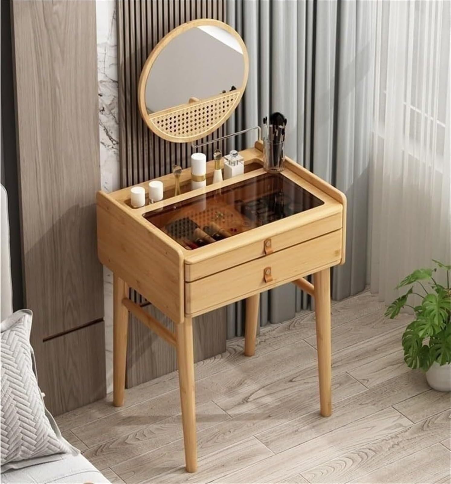 Bambus Make-up Vani mit Spiegel Platzsparende Kommode für kleine Wohnungen Slish s Top Sto für Ankleidebereiche und Schlafzimmer