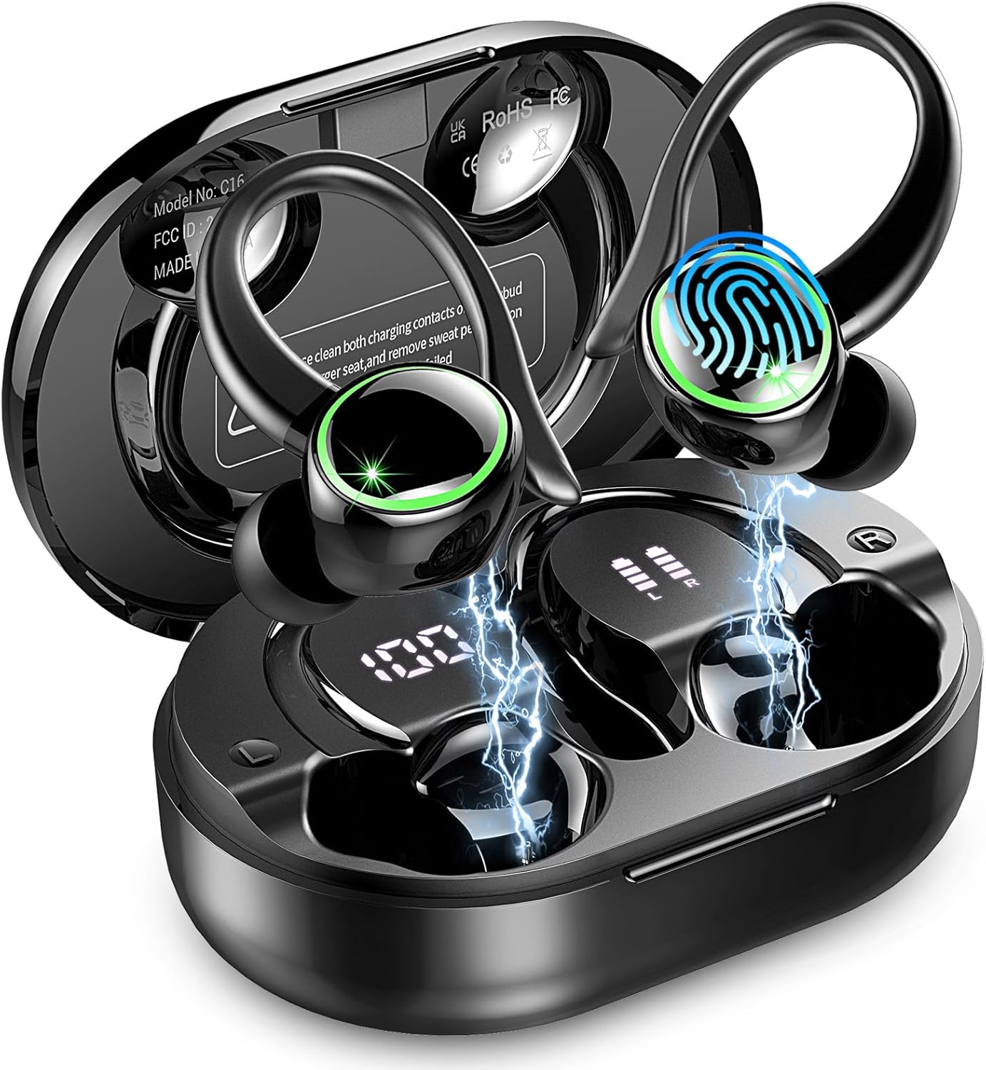 Wireless Earbuds Sports, Bluetooth 5.4 Headphones Hifi Stereo, 50H Playback Over-Ear buds with ENC Noise Cancelling Mic, Earphones with Earhooks, IP7 Waterproof Fitness Headset for Workout Running Gym