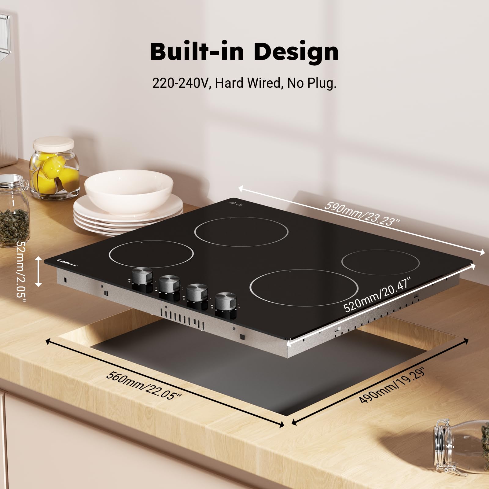 Piastra in vetroceramica da 60 cm, 4 zone di cottura, da incasso, elettrica, autosufficiente, senza cornice, timer, controllo a pulsante, 8 livelli, 6000 W, adatto per la maggior parte delle