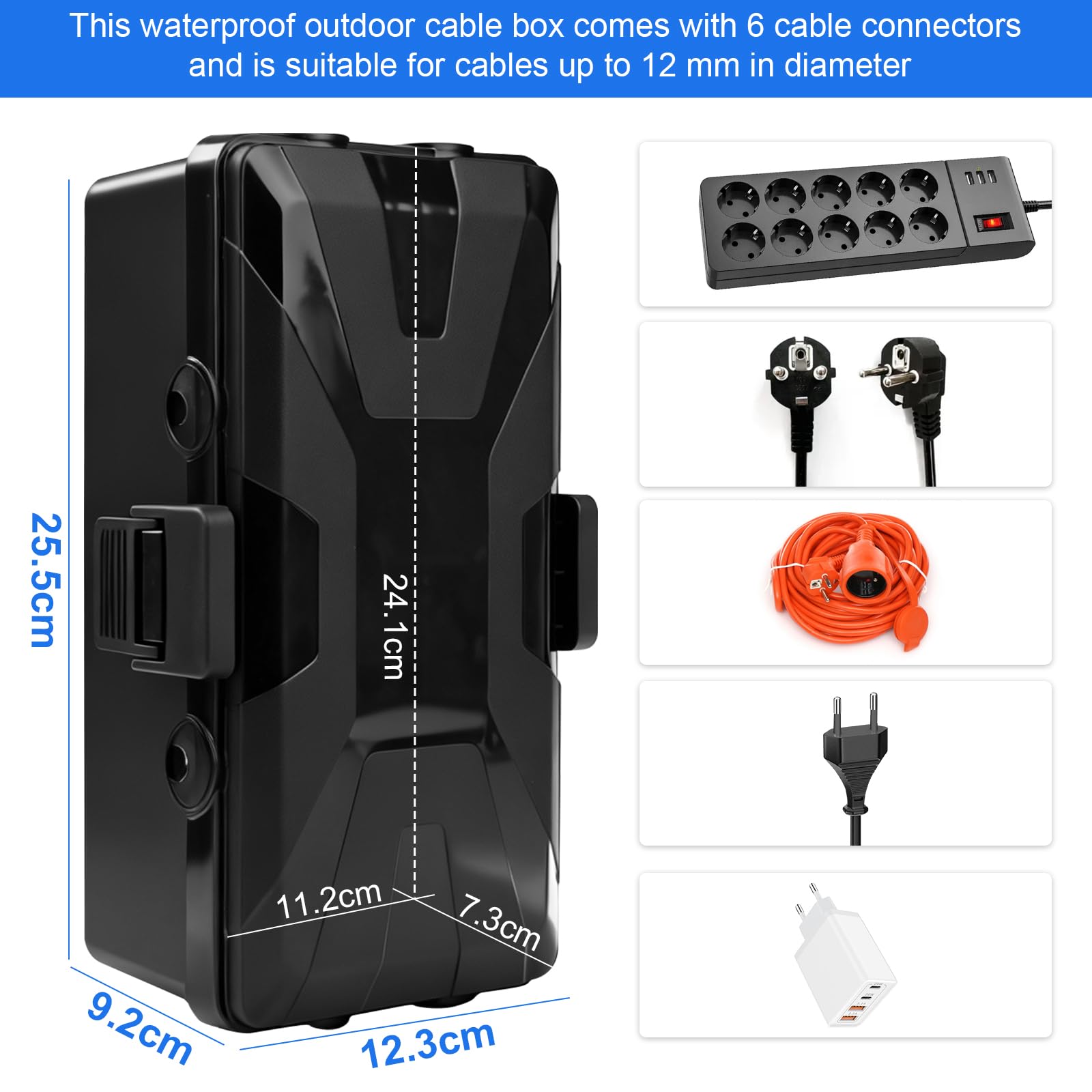 Kabelbox Wasserdicht, IP54 Außensteckdose Wasserdicht Verteilerdose Außen Wasserdicht 6 Kabeleingänge Ausgänge Wetterfeste Verlängerungskabel Abdeckungen Wasserdichte Kabelbox Schwarz 26.1x 15x 9.4cm