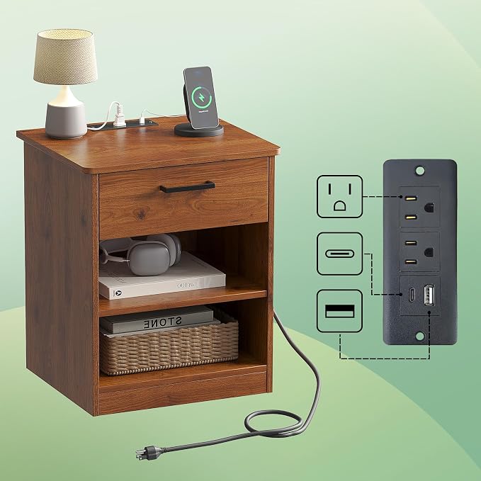 Everyday Side Table with Fast Charging Station - USB C Cable Fast Charging, Wooden Brown Nightstand Bedside Table with Drawer, End Table with Optional Adjustable Shelf for Bedroom, Set of 1