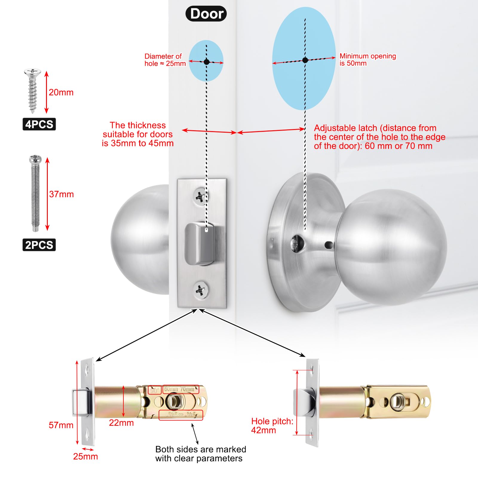 Coolty Passage Door Knob Set Keyless Non Locking Round Door Handle Ideal for Non-Locking Interior Doors Kitchens Closet Pantry Closet Hallway Doors(Silver) - Image 4