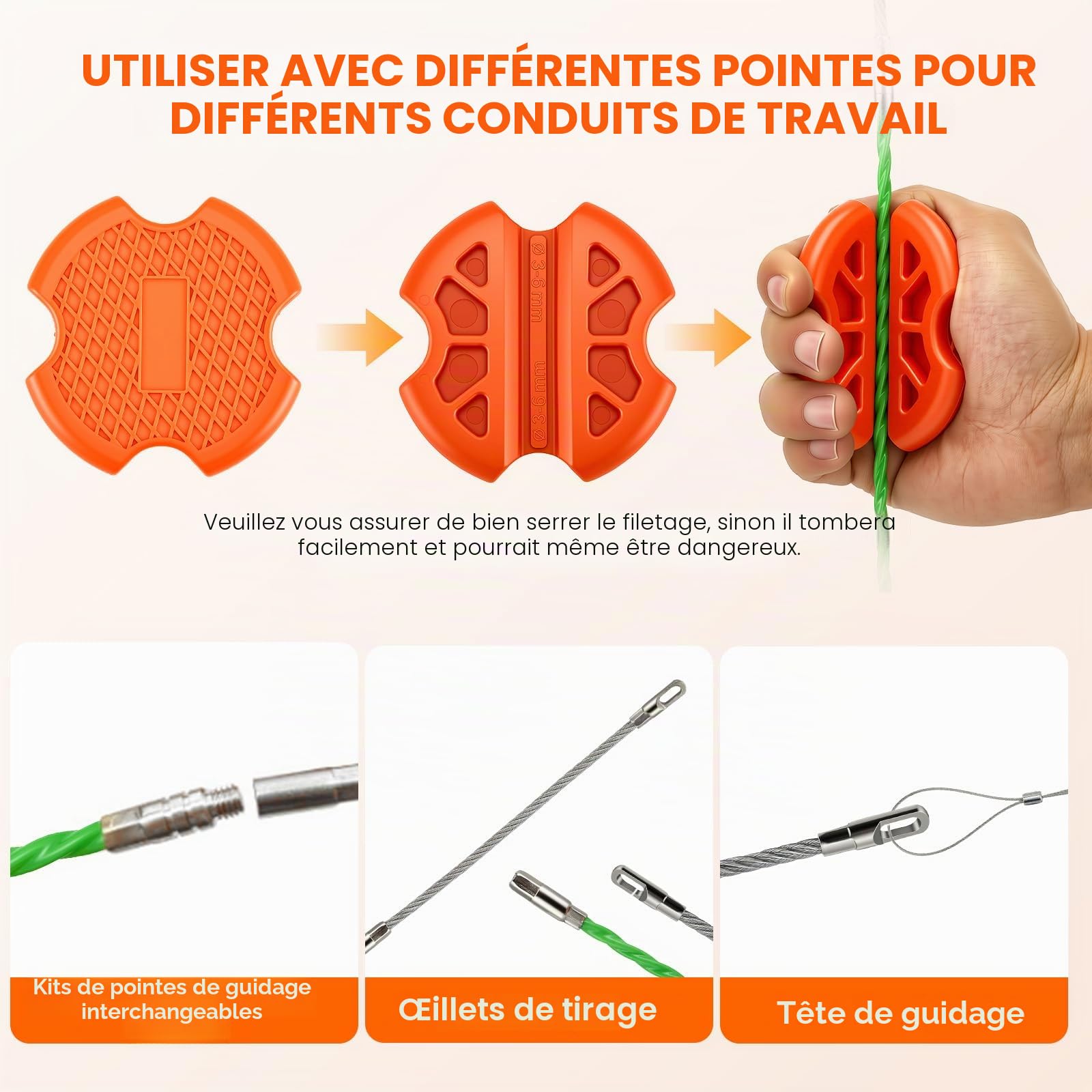 Aiguille Electricien 50m,4,5mm Tire Fils Electrique,Avec 1 Tire-Câble,2 Faisceaux De Câbles,Boîte De Rangement,Tire Câble Électrique Pour Câbles Et Travaux Électriques,Orange