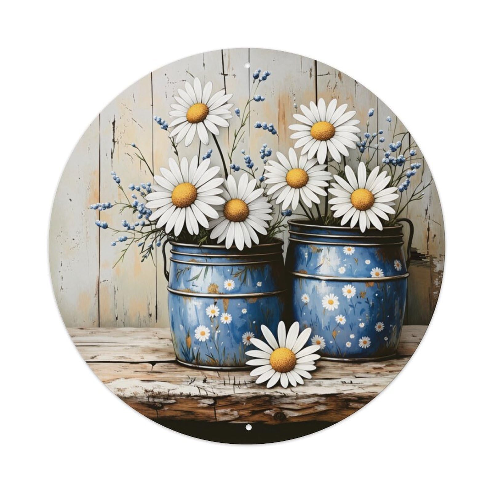 Blue Daisy Pattern Print Vases Round Tin Sign Retro Metal Sign for Cafe Bar Pub Home Game Room Gym Club Wall Decoration Vintage Metal Poster 8x8 Inch