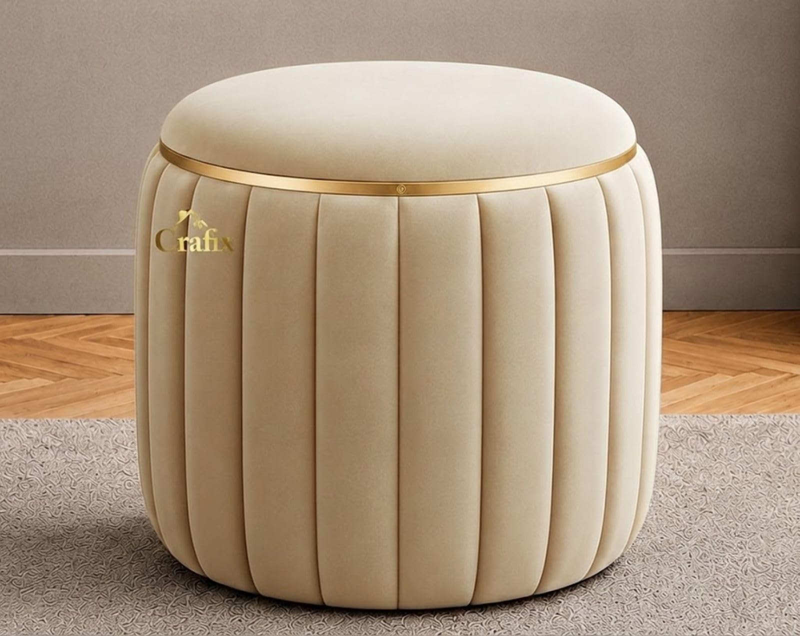 Round Velvet Storage Ottoman with Gold Metal Trim, Upholstered Foot Rest Stool for Living Room, Bedroom & Vanity, Modern Accent Seating, Multipurpose Coffee Table Ottoman (Creme)-image-5