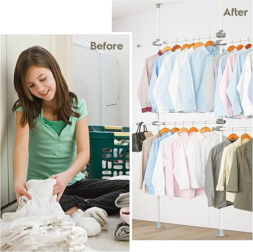 Miniatura 3 de Estante doble para ropa, estantes ajustables para colgar ropa, ropa de 2 niveles, ropa resistente, sistema independiente de armario blanco