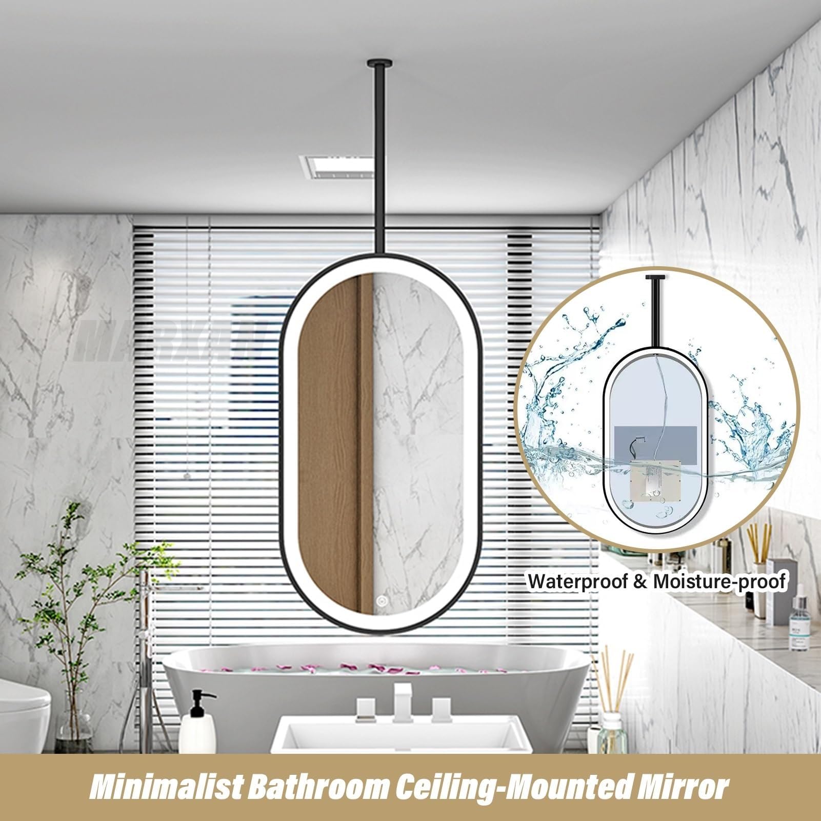 Specchio da soffitto con luce a LED, supporto ovale in metallo, luci dimmerabili a 3 colori, mobiletto a parete (asta personalizzabile)(Gold,40x80cm)