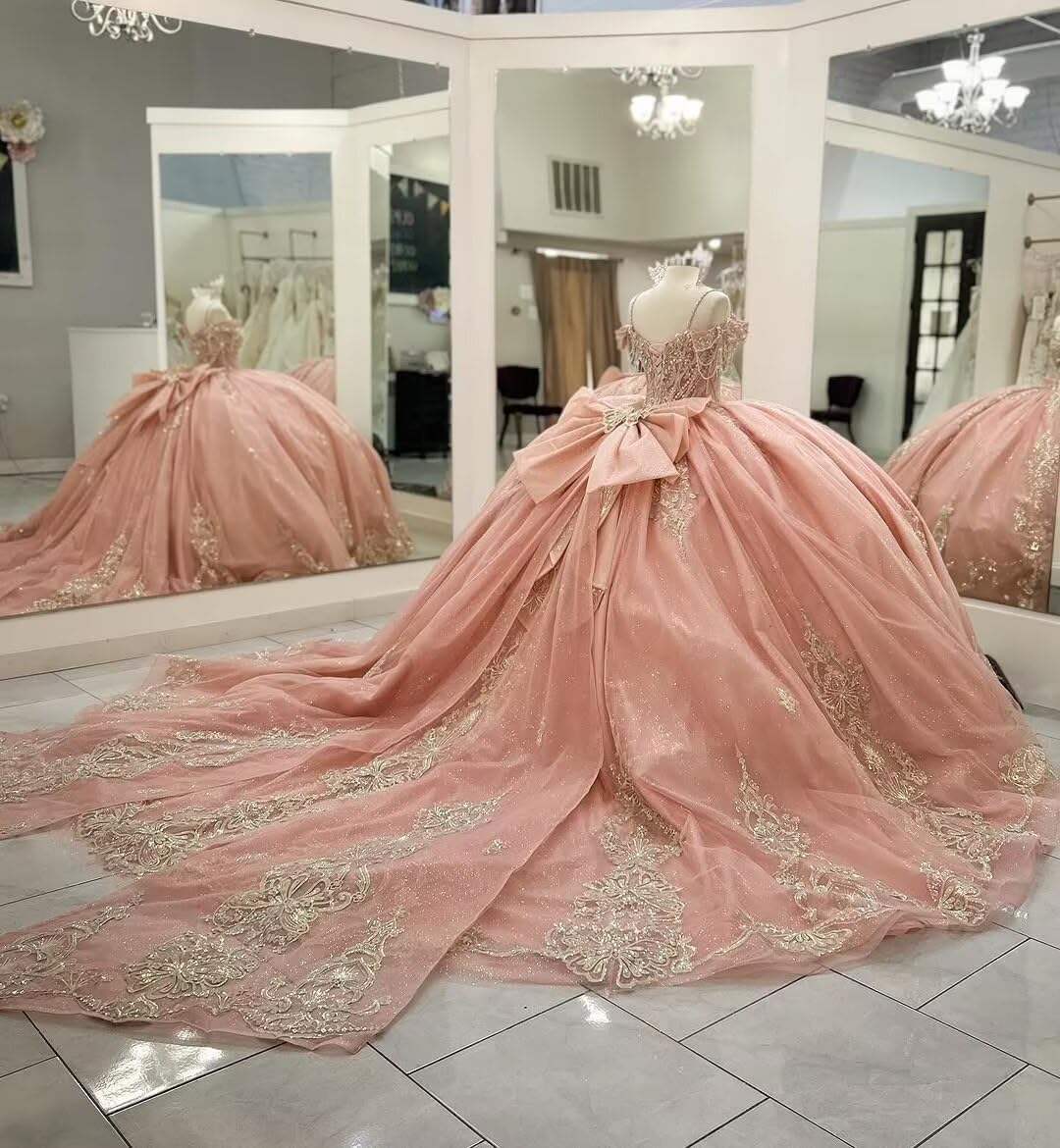 Mouccy Gold Appliques Tassel Quinceanera Dresses Off Shoulder Beaded 15 Dresses Luxury Tulle Sweet 16 Dress with Big Bow - Image 5