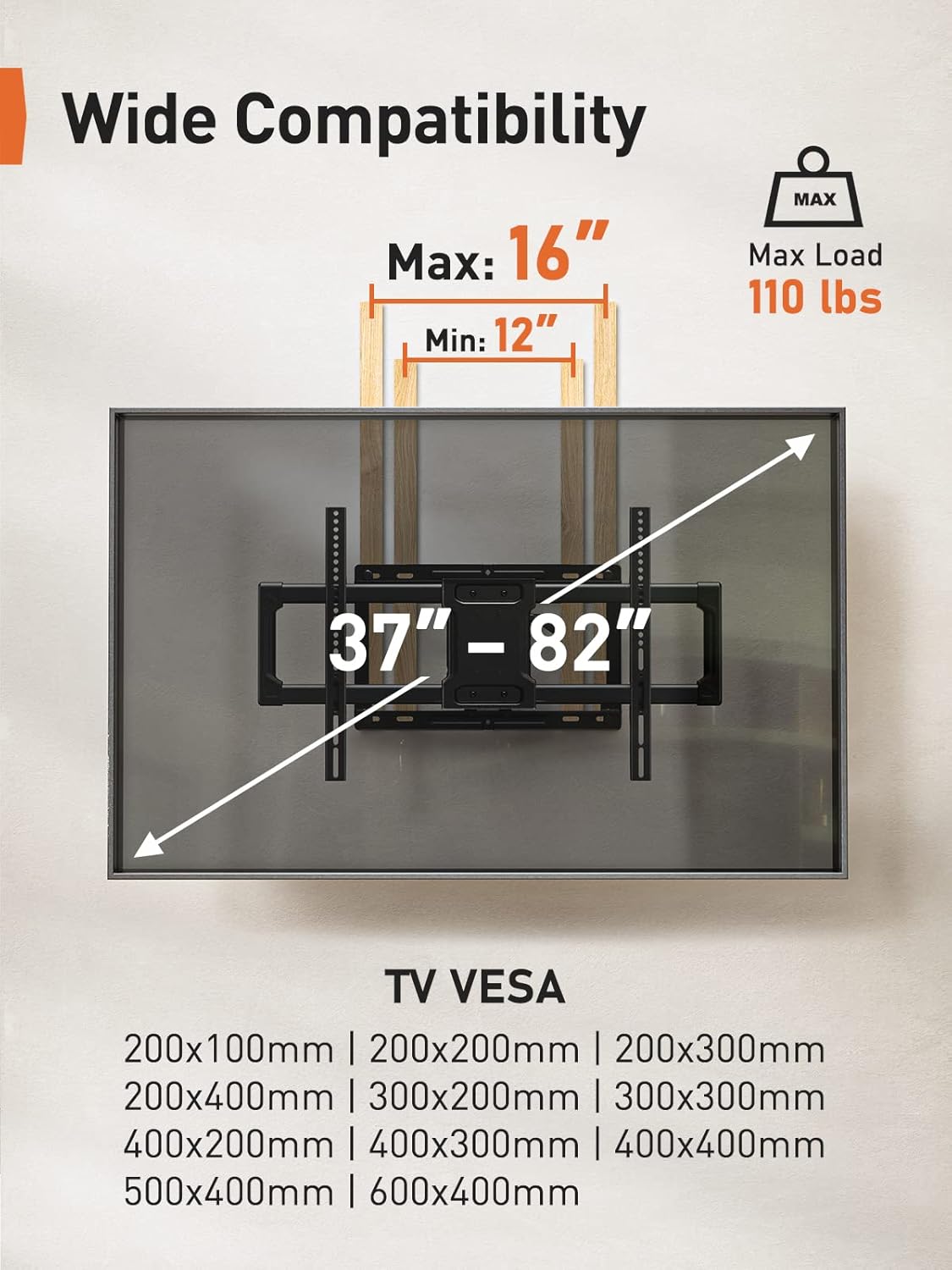 Perlegear UL Listed Full Motion TV Wall Mount for Most 37–82 inch Flat Curved TVs up to 110 lbs, 12″/16″ Wood Studs, TV Mount Bracket with Articulating Arms, Swivel, Tool-Free Tilt, Max VESA 600x400mm : Electronics