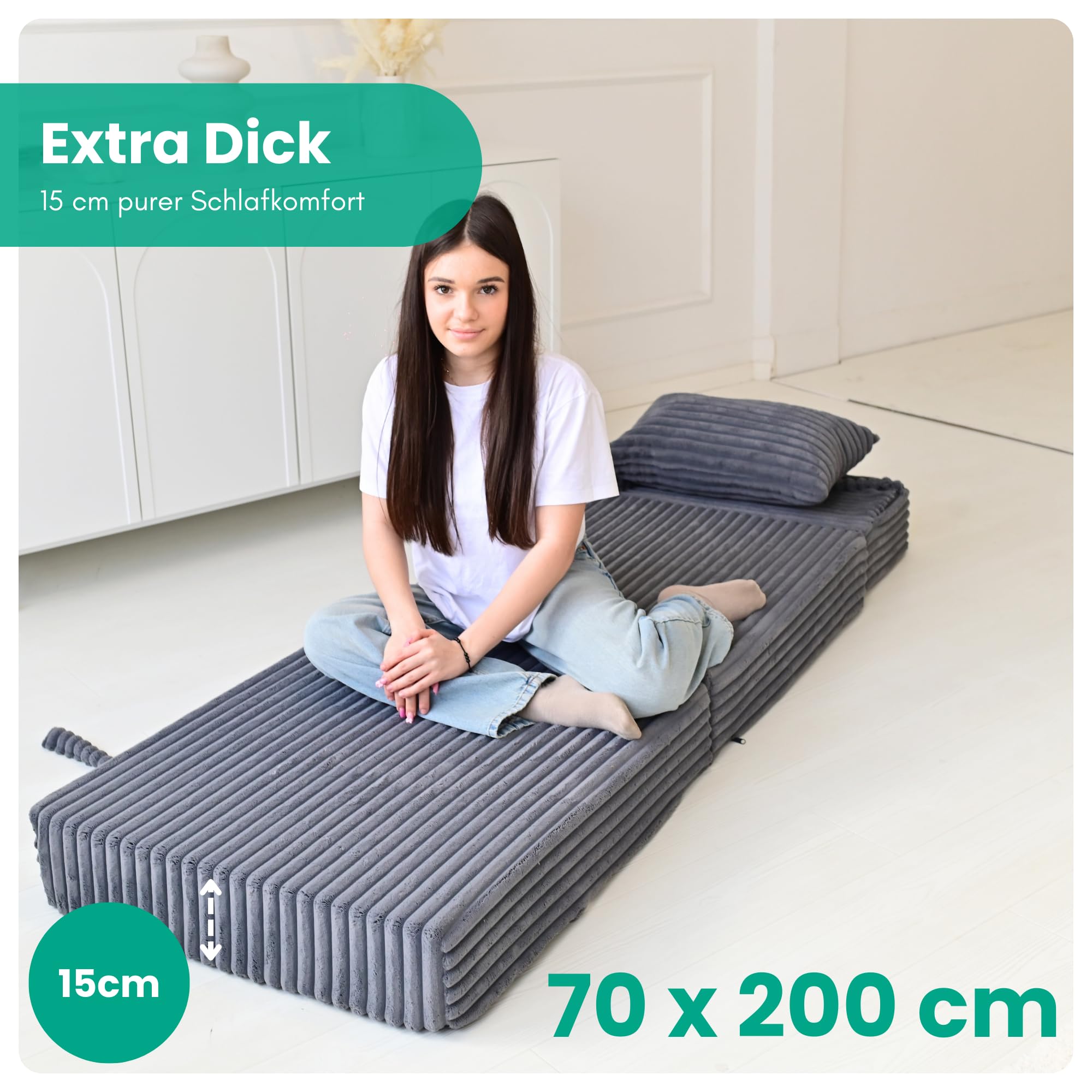 Odolplusz Składany materac premium 70 x 205 x 15 cm, 3-częściowy z wyjmowanym pokrowcem, bardzo gruba pianka 15 cm, dla gości i w podróż (grafitowy)