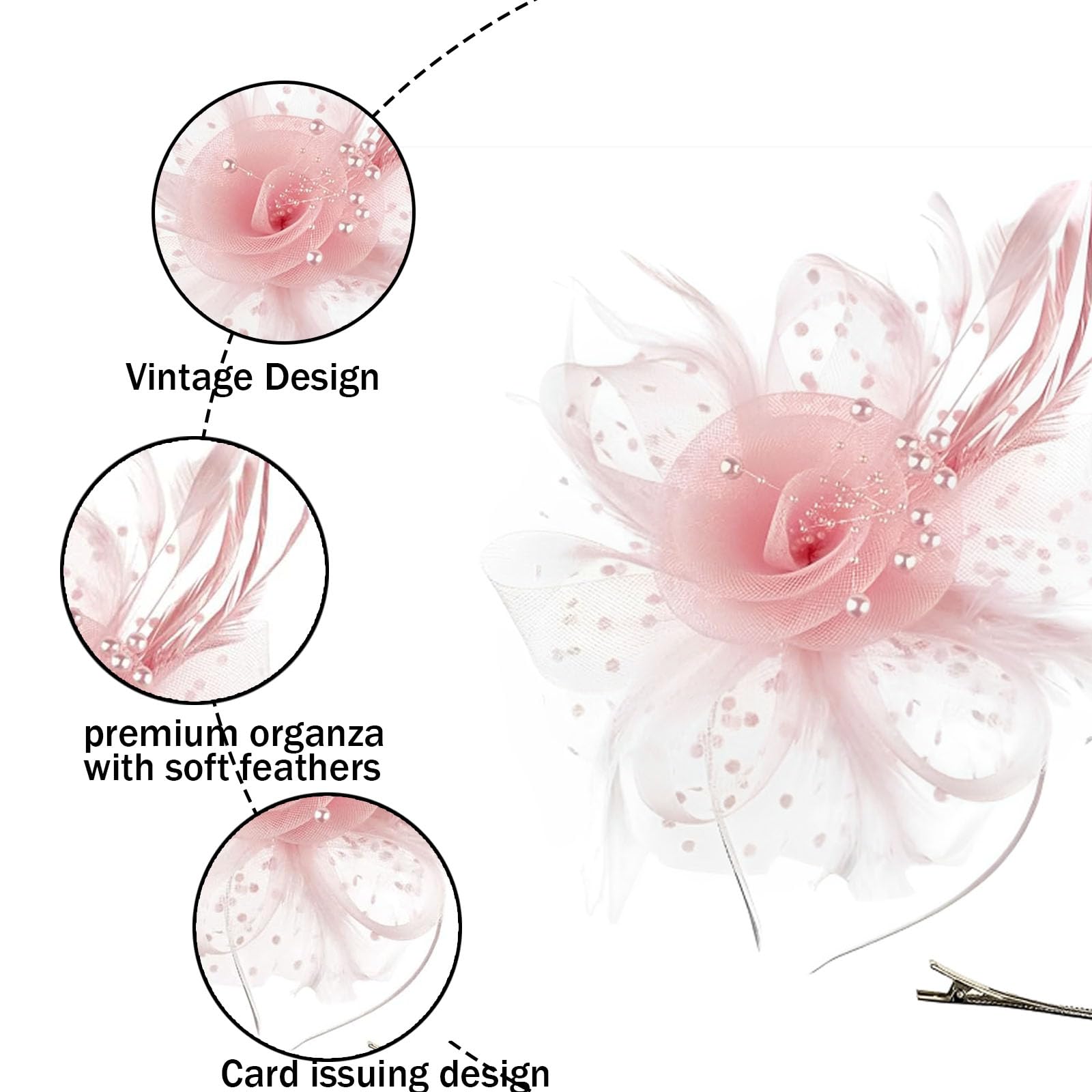 2Pcs Fascinators for Weddings Pale Pink Fascinator Hair Accessories, 21cm Diameter - Image 3