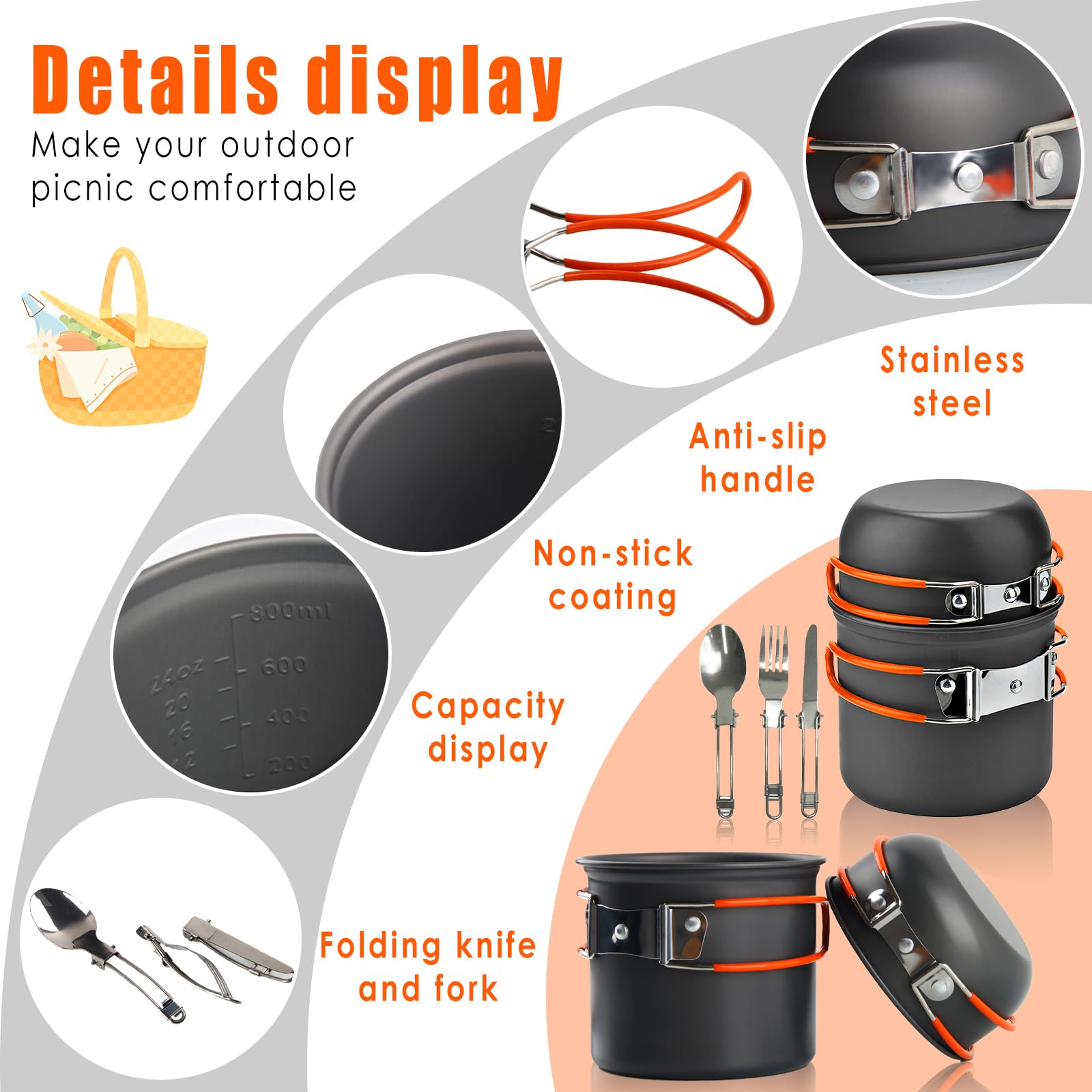 Portatile Pentole Set, Pentola da Campeggio per Fuoco, Fornello da Campeggio per 1-2 Persone, Utensili da Cucina da Campeggio, per Campeggio, Cucina All'Aperto, l'Escursionismo, Viaggi