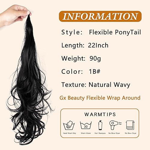 Miniatura 2 de Gx Beauty Extensión de cola de caballo de 22 pulgadas, flexible, envolvente, alargado, rizado largo, sintético, cola de caballo ondulado, peinado