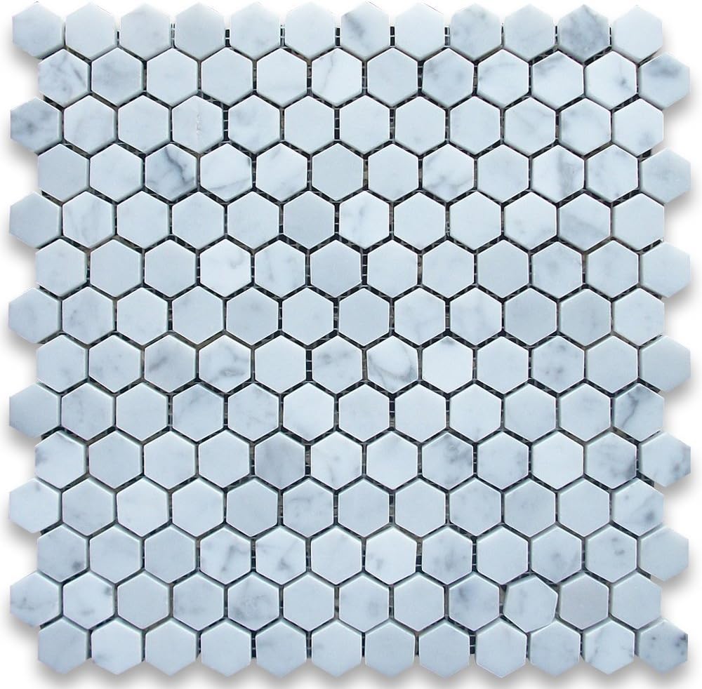SGT Contemporary 1" Hexagon White with Gray Veins Polished Mosaic Marble Tile on 12" x 12" Sheet - Lot of 10 Sheet