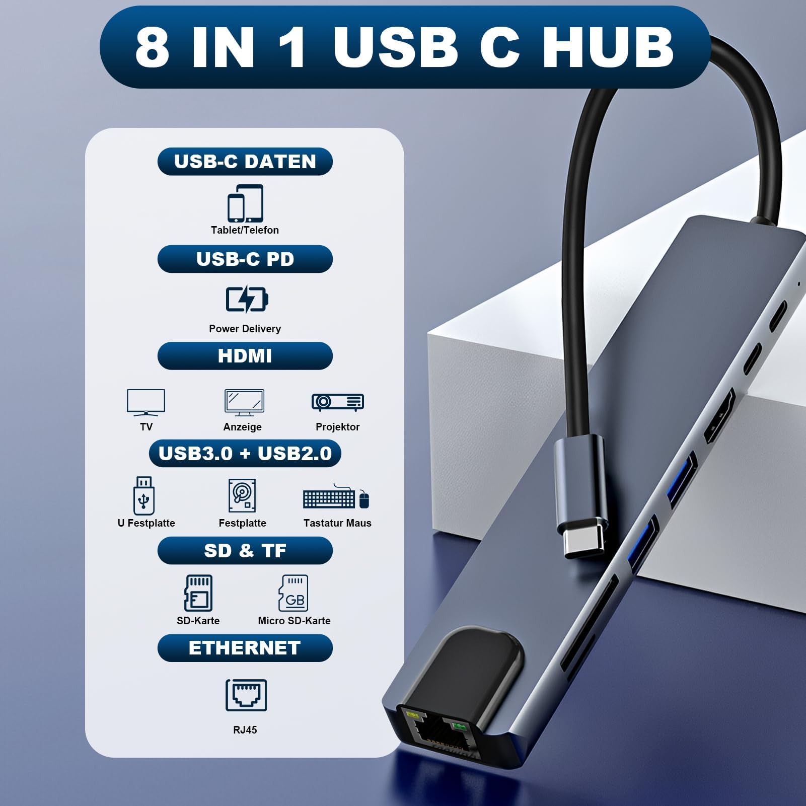 Hub USB-C 8-en-1 : HDMI 4K, Ethernet, Charge 100W, 3x USB, Lecteur SD/TF - Pour MacBook, IPad, PC