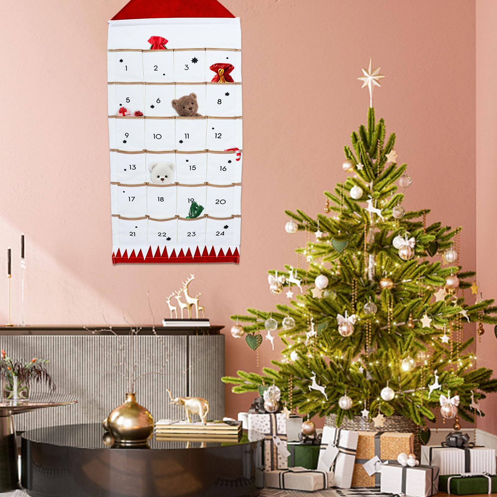 Calendario dell'Avvento Tessuto, Calendario Avvento Tessuto Calendario Avvento in Tessuto, con 24 Tasche, Regalo di Natale, Ideale per Decorare Pareti, Porte o Stanze nel Periodo Natalizio