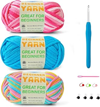 Easy Yarn for Beginner - Crocheting and Knitting Yarn |3 * 1.76oz/60yds; Easy-to-See Stitches; Worsted-Weight Medium #4; Cotton Blend; Amigurumi Crochet KitPetal+Blue+Merry Pink