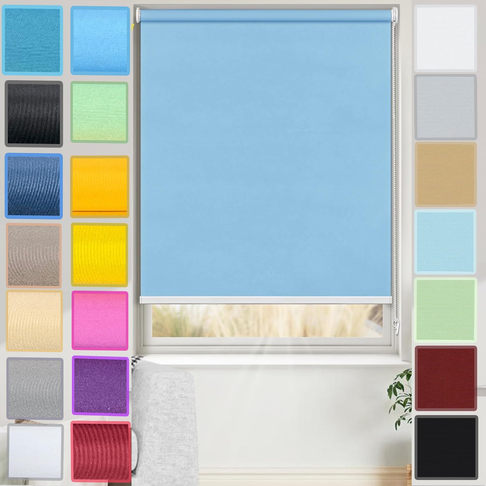 Thermal Blackout Blinds, 100 x 200 cm Multiple Colours and Sizes Daylight Trimmable Roller Blind Fittings Included for Window and Door, Sky Blue — image 1